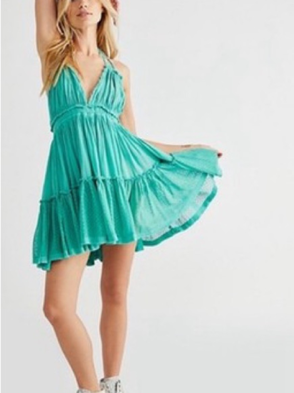 Free People Teal Halter Tiered Mini Dress